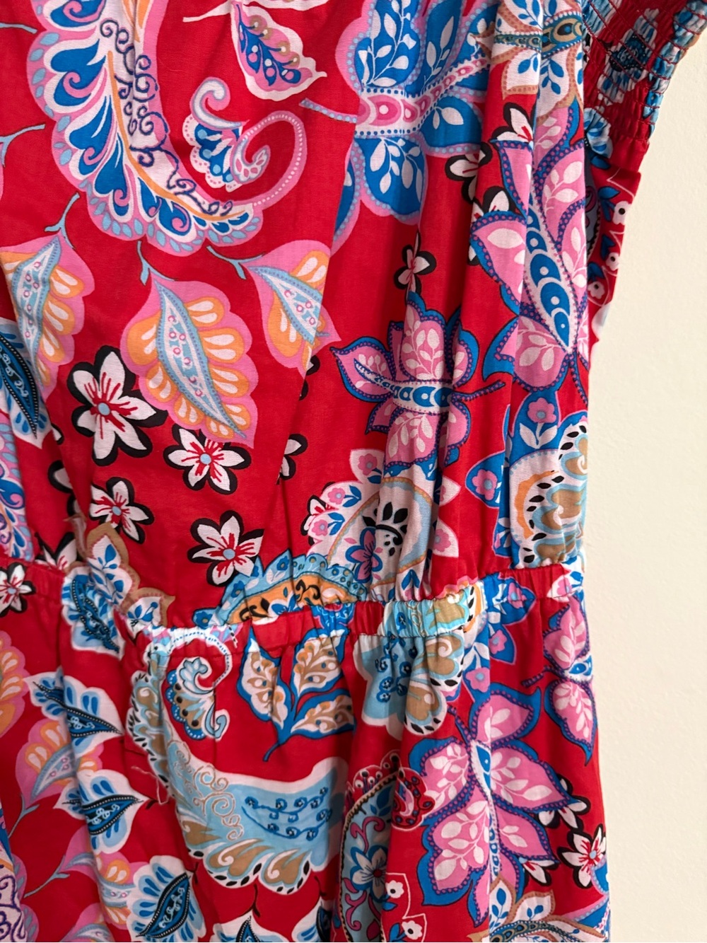 Talbots Plus Square Neck Midi Dress 14W Red Paisley Floral Smocked Bodice - Picture 5 of 8